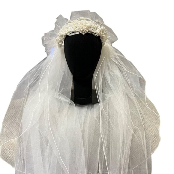 Vintage 1990s Beaded Bridal Headband Veil Cream Tulle Two Tier Mid Length - Picture 13 of 16